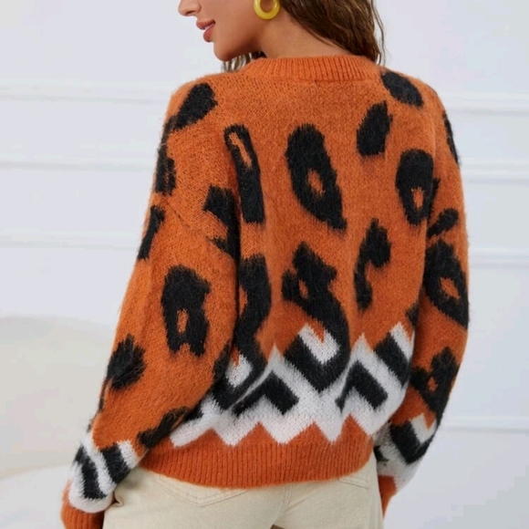 Leopard & Geo Pattern Drop Shoulder Fuzzy Sweater - Picture 2 of 7